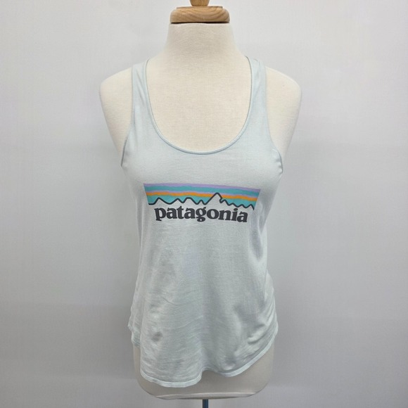 Patagonia Womens XS Light Teal Racerback Scoop Neck Logo Athletic Tank Top - Picture 2 of 12